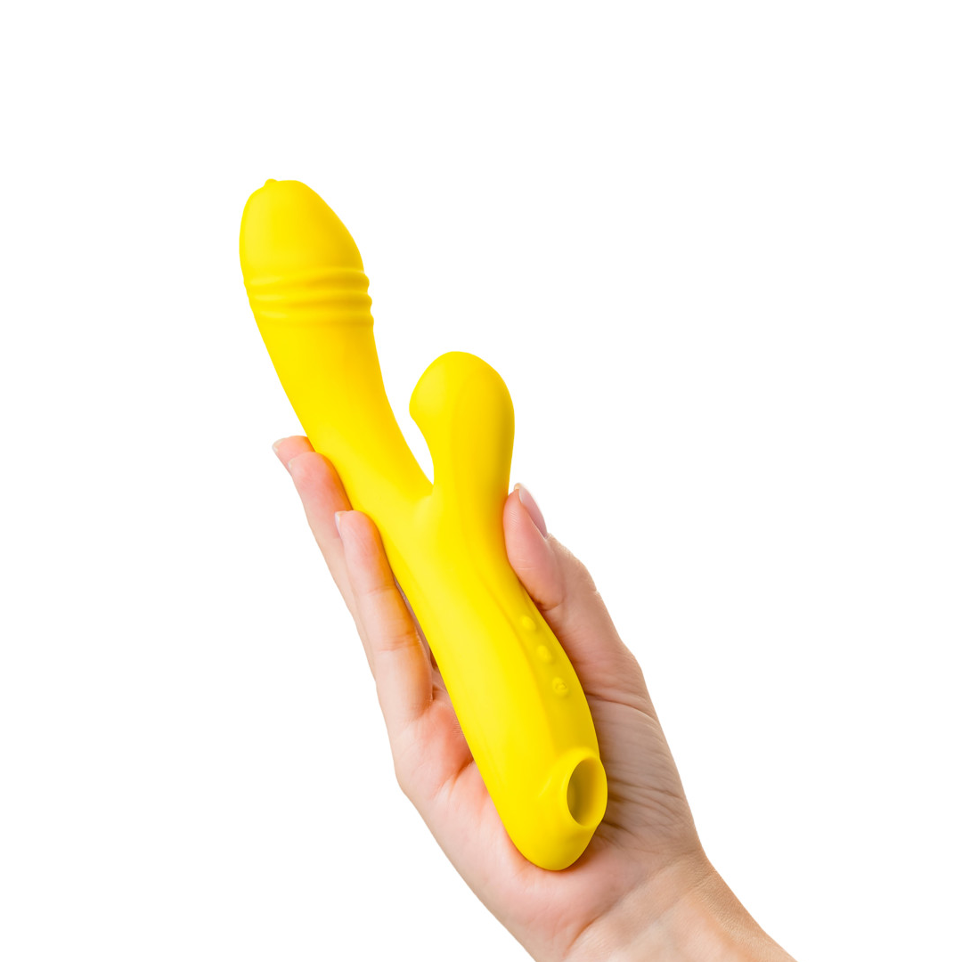Вакуум-волновой стимулятор Mia с вибрацией и язычками, силикон, желтый, 22 см